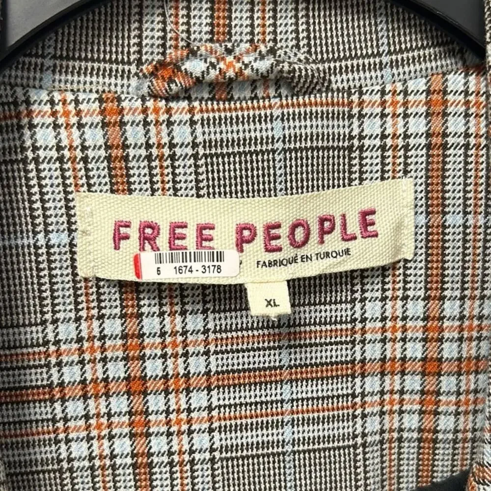 Free People Ashby Black Orange Plaid Button Front Oversized Blazer Womens XL